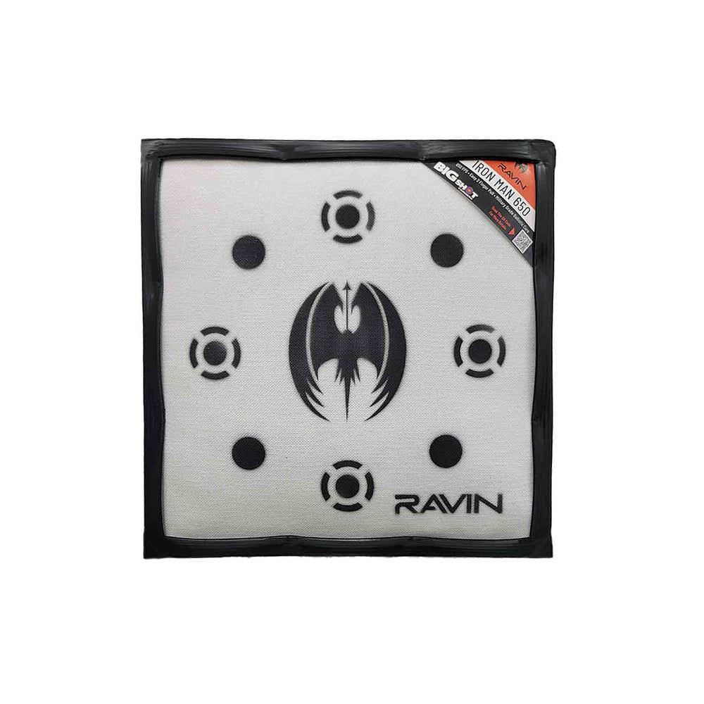 BIGshot Iron Man 650 target featuring Ravin logo and shooting spots, ideal for TenPoint crossbows and high-impact use.