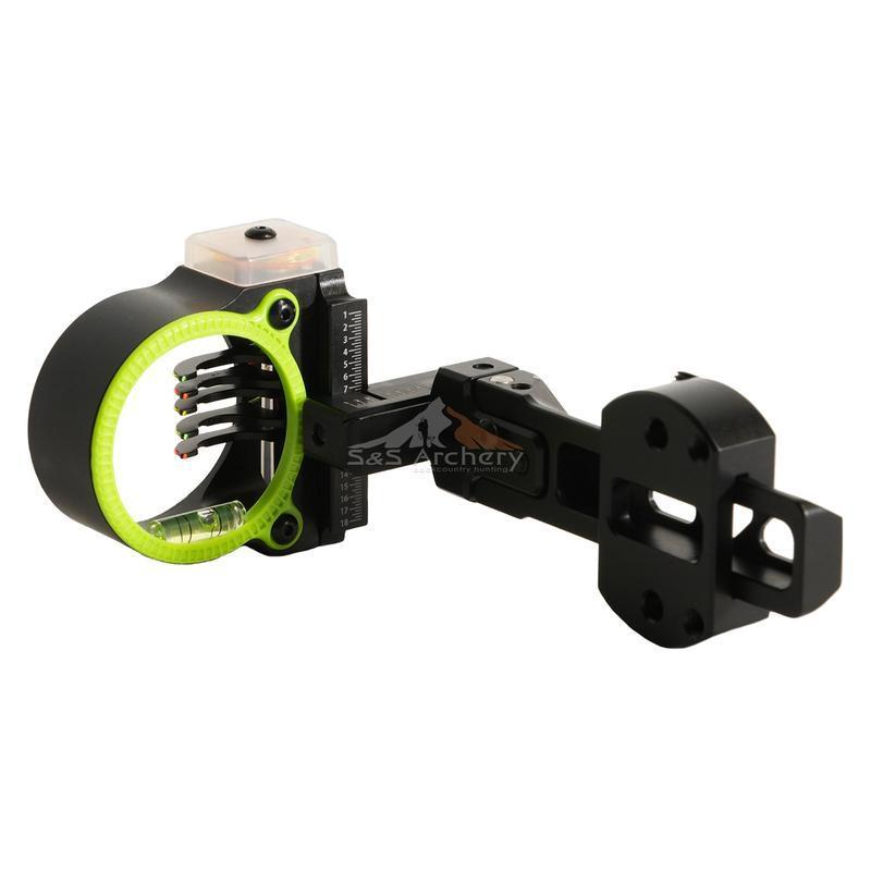 Montana Black Gold Rush archery sight with bright lime green housing and black adjustment knobs for accurate bow aiming