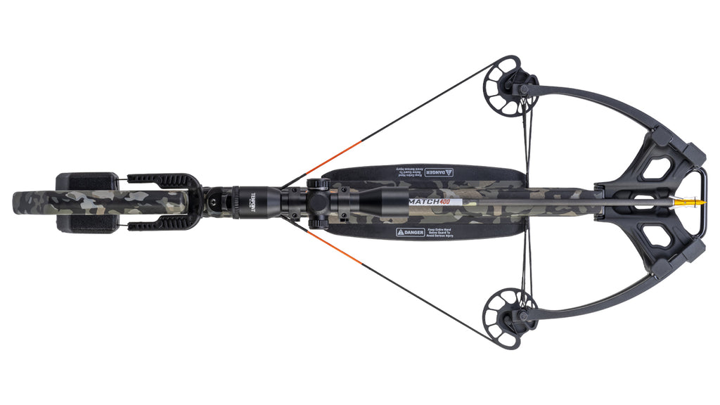 Wicked Ridge Commander 400 crossbow with scope and camo finish top view