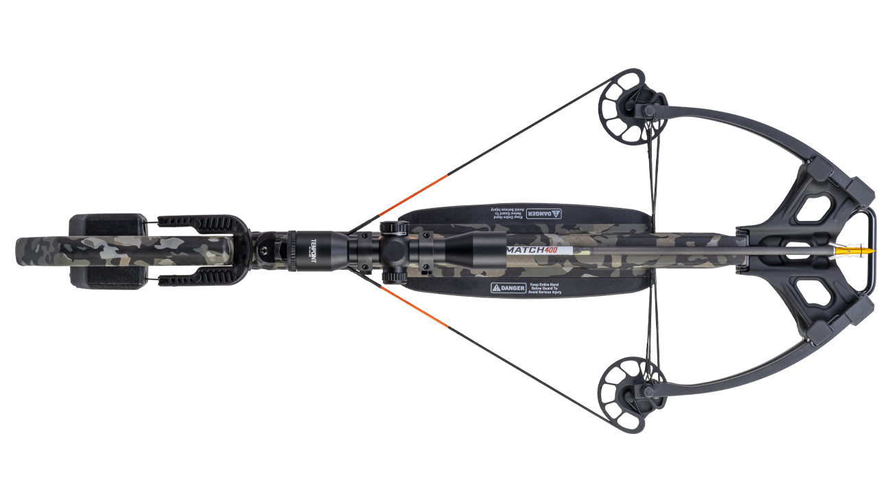 Wicked Ridge Commander 400 crossbow with scope and camo finish top view