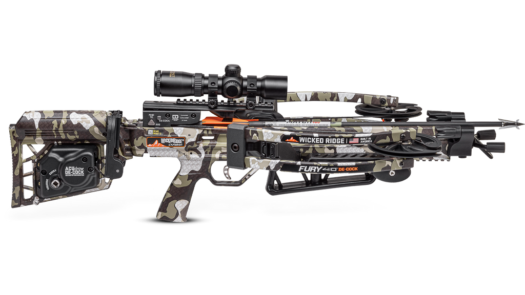 Wicked Ridge Fury 410 De-cock crossbow with scope mounted on camouflage stock