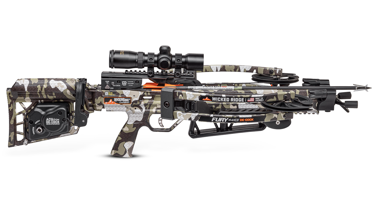 Wicked Ridge Fury 410 De-cock crossbow with scope mounted on camouflage stock