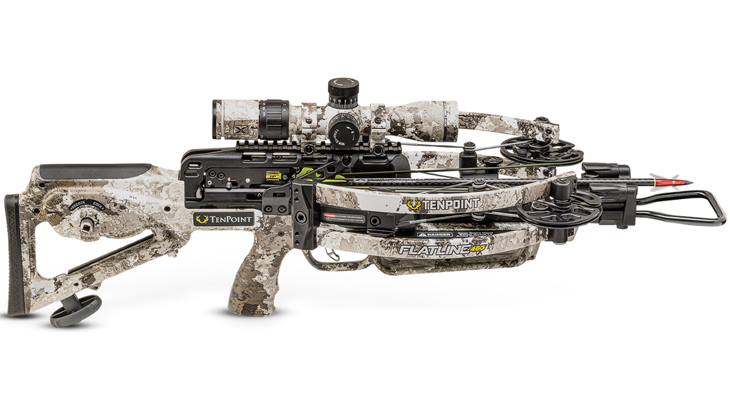 TenPoint Flatline 460 crossbow with reverse-draw design and scope, camouflage finish
