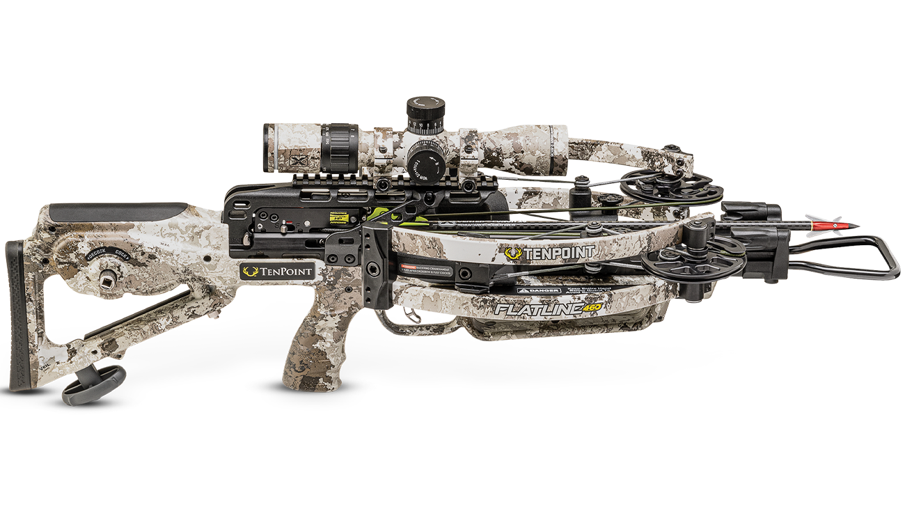 TenPoint Flatline 460 crossbow with reverse-draw design and scope, camouflage finish