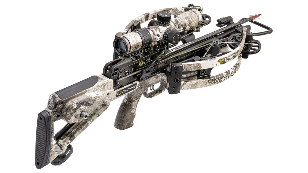 TenPoint Flatline 460 crossbow with reverse-draw platform, scope mounted, camo finish, isolated on white background