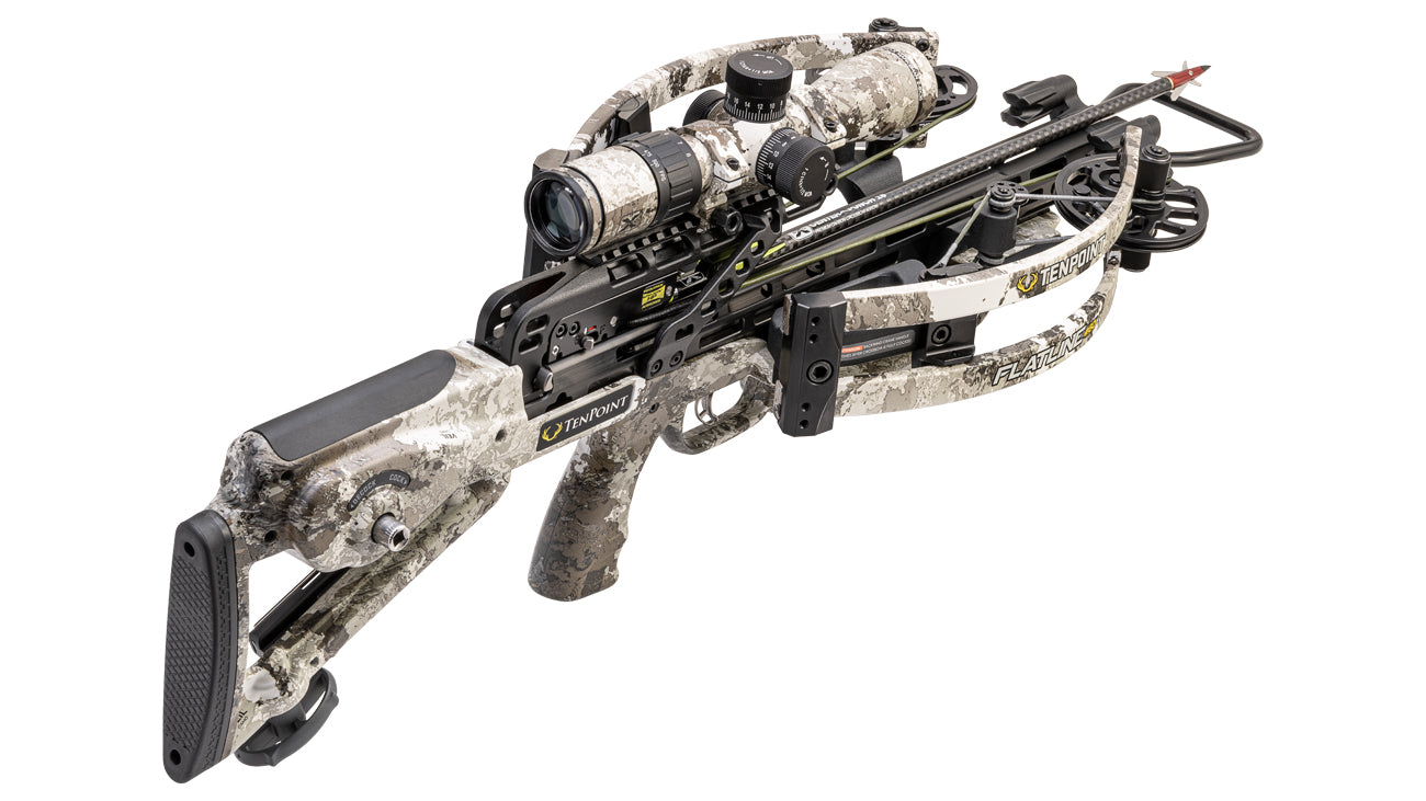TenPoint Flatline 460 crossbow with reverse-draw platform, scope mounted, camo finish, isolated on white background