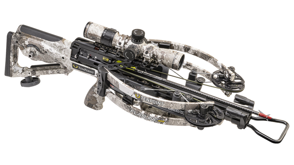 TenPoint Flatline 460 crossbow with reverse-draw platform, scope and stock in camouflage pattern