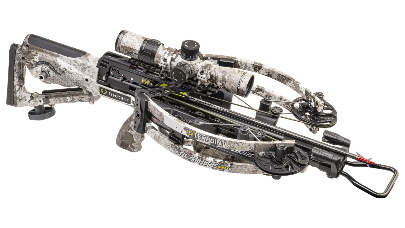 TenPoint Flatline 460 crossbow with reverse-draw platform, scope and stock in camouflage pattern