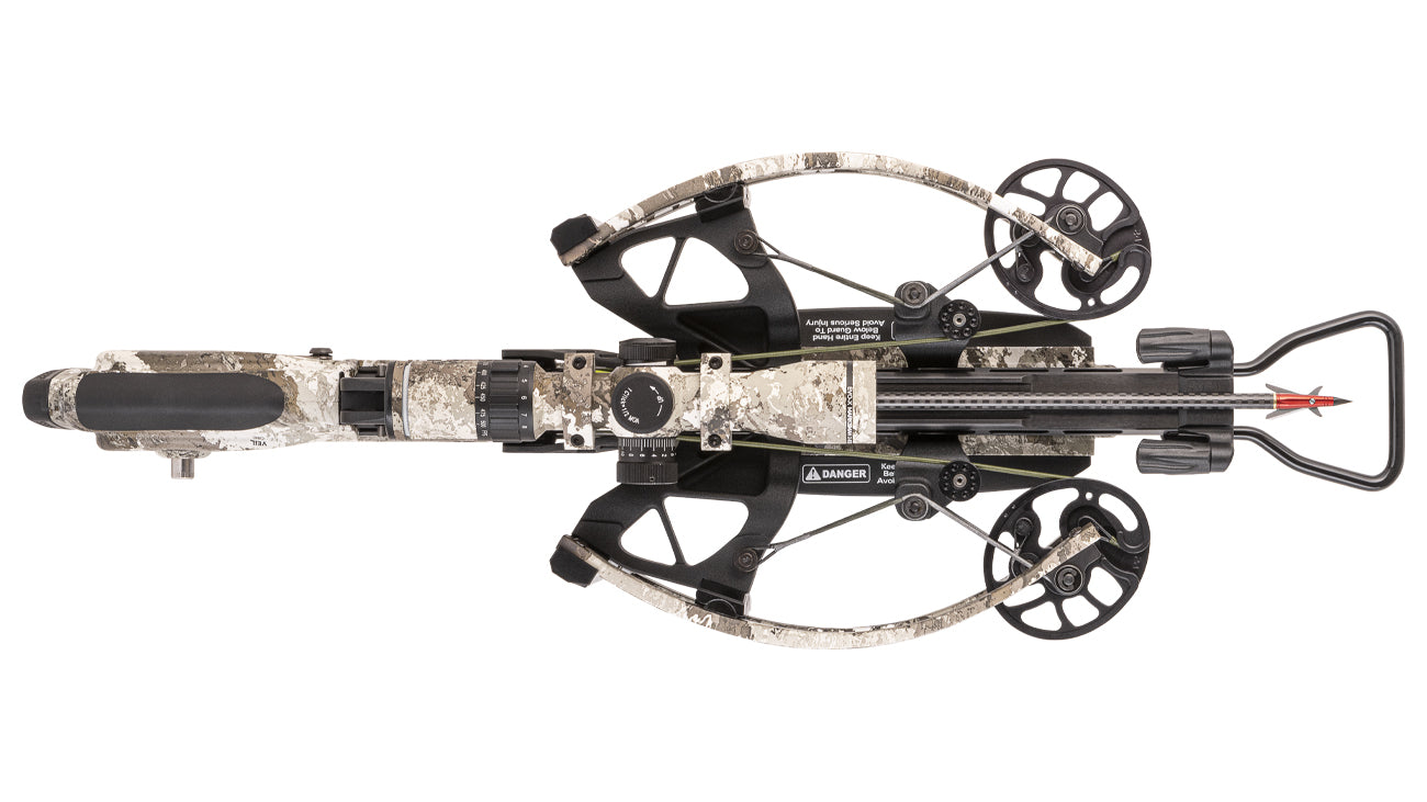 TenPoint Flatline 460 crossbow with reverse-draw platform design and precision hunting scope