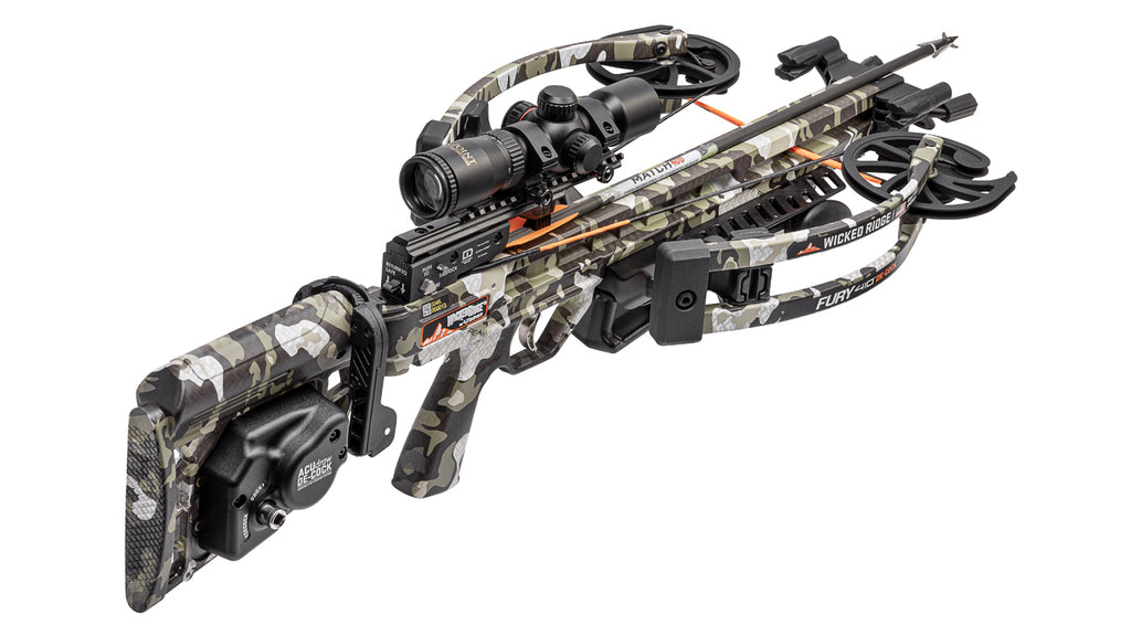 Wicked Ridge Fury 410 De-cock crossbow with scope and camo finish for hunting