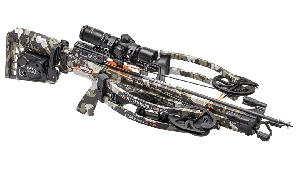 Wicked Ridge Fury 410 De-cock crossbow with camouflage finish and scope mounted on white background
