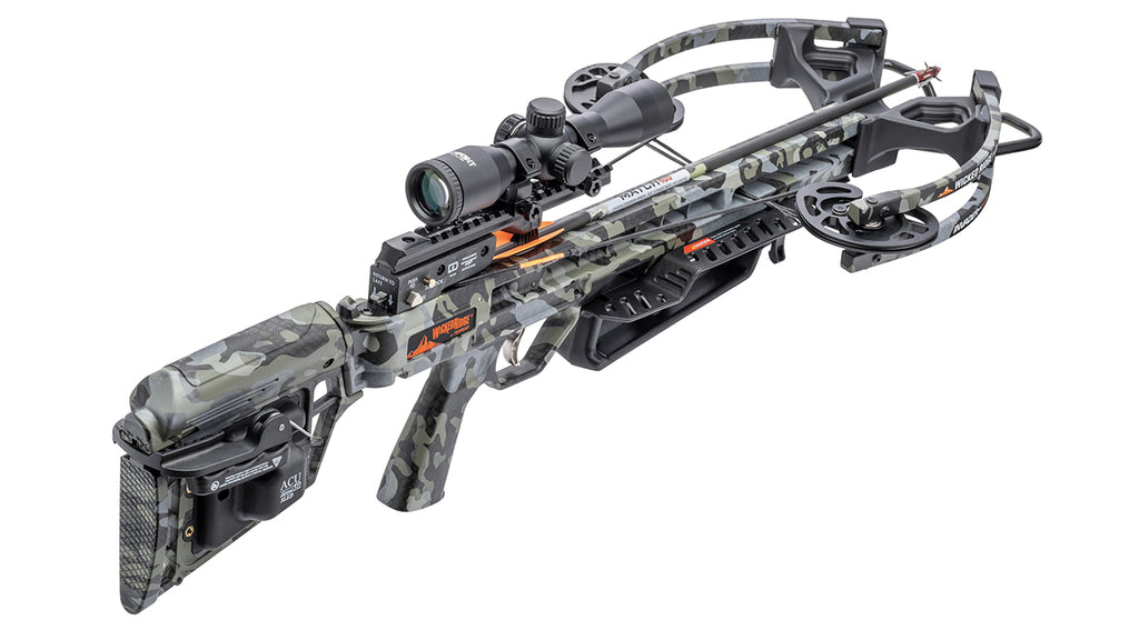 Wicked Ridge Invader M1 de-cock crossbow with scope and camo finish displayed on white background
