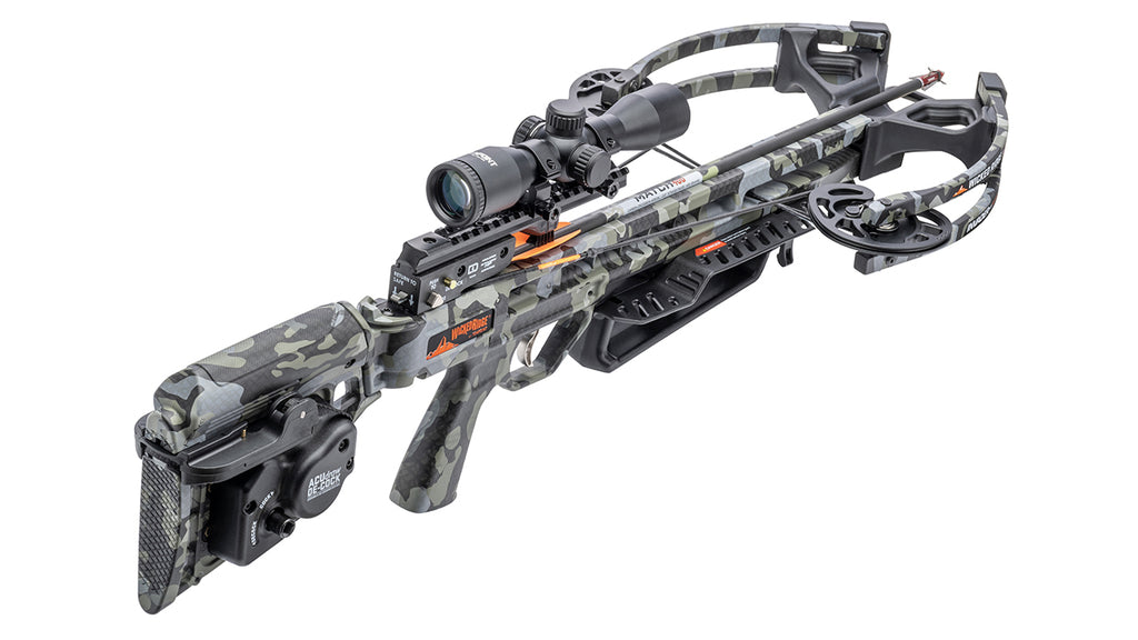 Wicked Ridge Invader M1 de-cock crossbow with scope mounted, showing speed and accuracy design