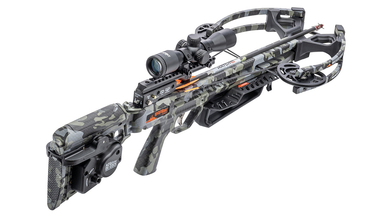 Wicked Ridge Invader M1 de-cock crossbow with scope mounted, showing speed and accuracy design