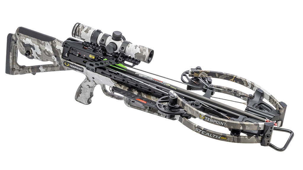TenPoint Stealth 450R crossbow with scope and camo finish, premium hunting crossbow
