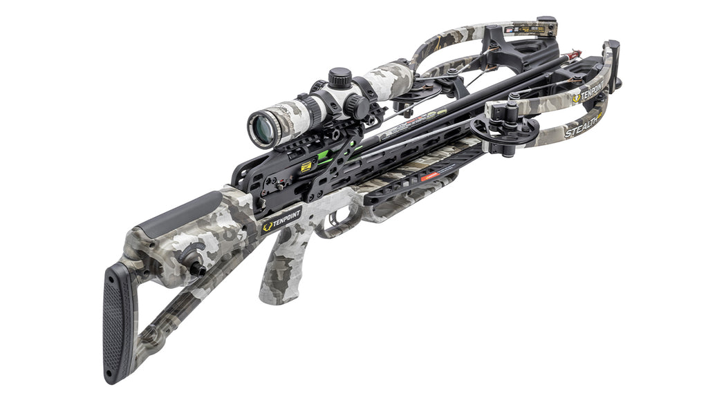 TenPoint Stealth 450R crossbow with scope and camouflage finish, 450 FPS forward-draw hunting crossbow