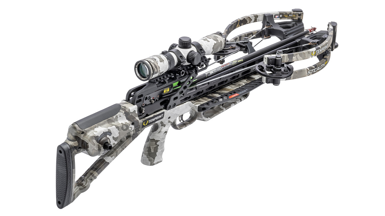 TenPoint Stealth 450R crossbow with scope and camouflage finish, 450 FPS forward-draw hunting crossbow