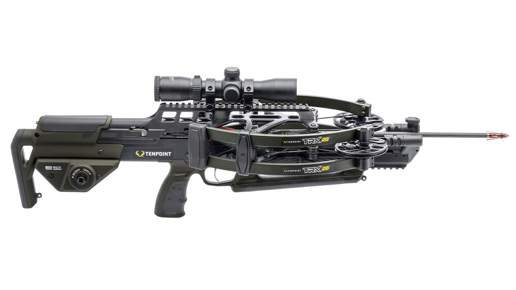 TenPoint TRX 26 crossbow with reverse-draw technology and scope mounted on white background