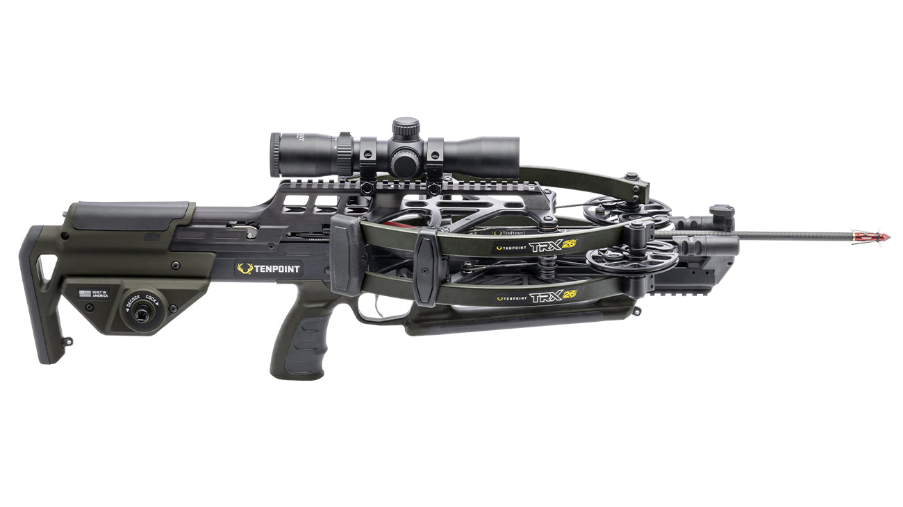 TenPoint TRX 26 crossbow with reverse-draw technology and scope mounted on white background