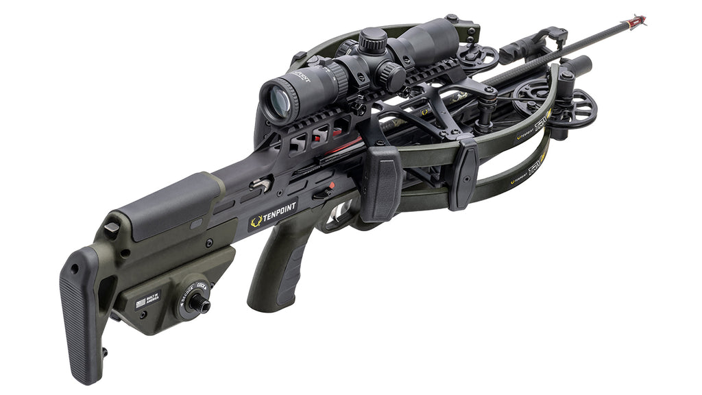 TenPoint TRX 26 crossbow with reverse-draw technology, scope, and stock isolated on white background