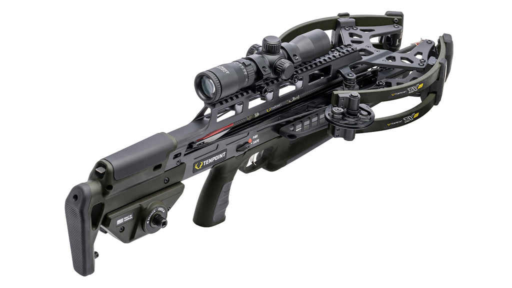 TenPoint TX 28 crossbow forward-draw design with 410 FPS speed and scope mounted on black finish