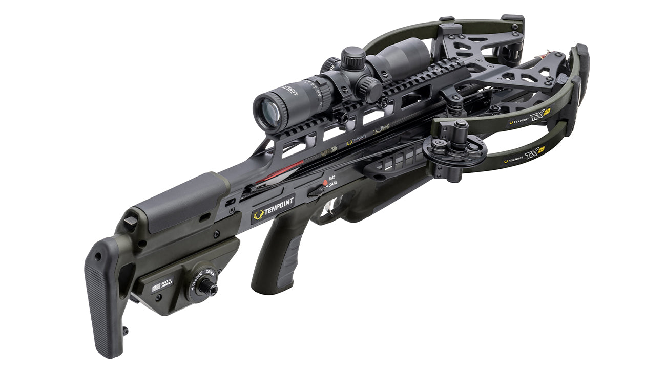 TenPoint TX 28 crossbow forward-draw design with 410 FPS speed and scope mounted on black finish