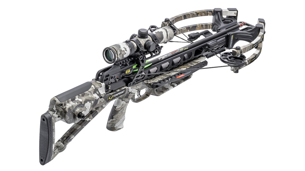 TenPoint Turbo X crossbow with scope and camo finish shown from side angle