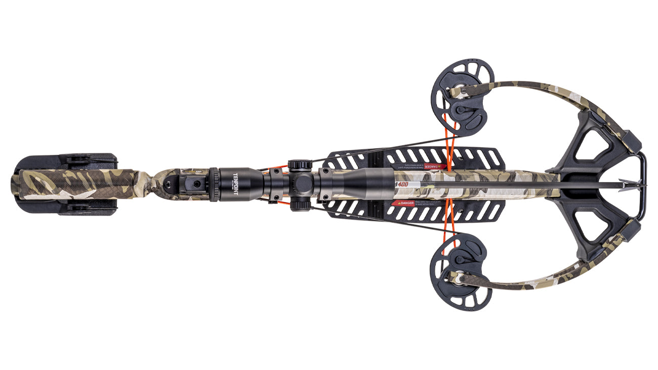 Wicked Ridge Invader M1 crossbow with forward-draw design, dual wheels, and camo finish for hunting