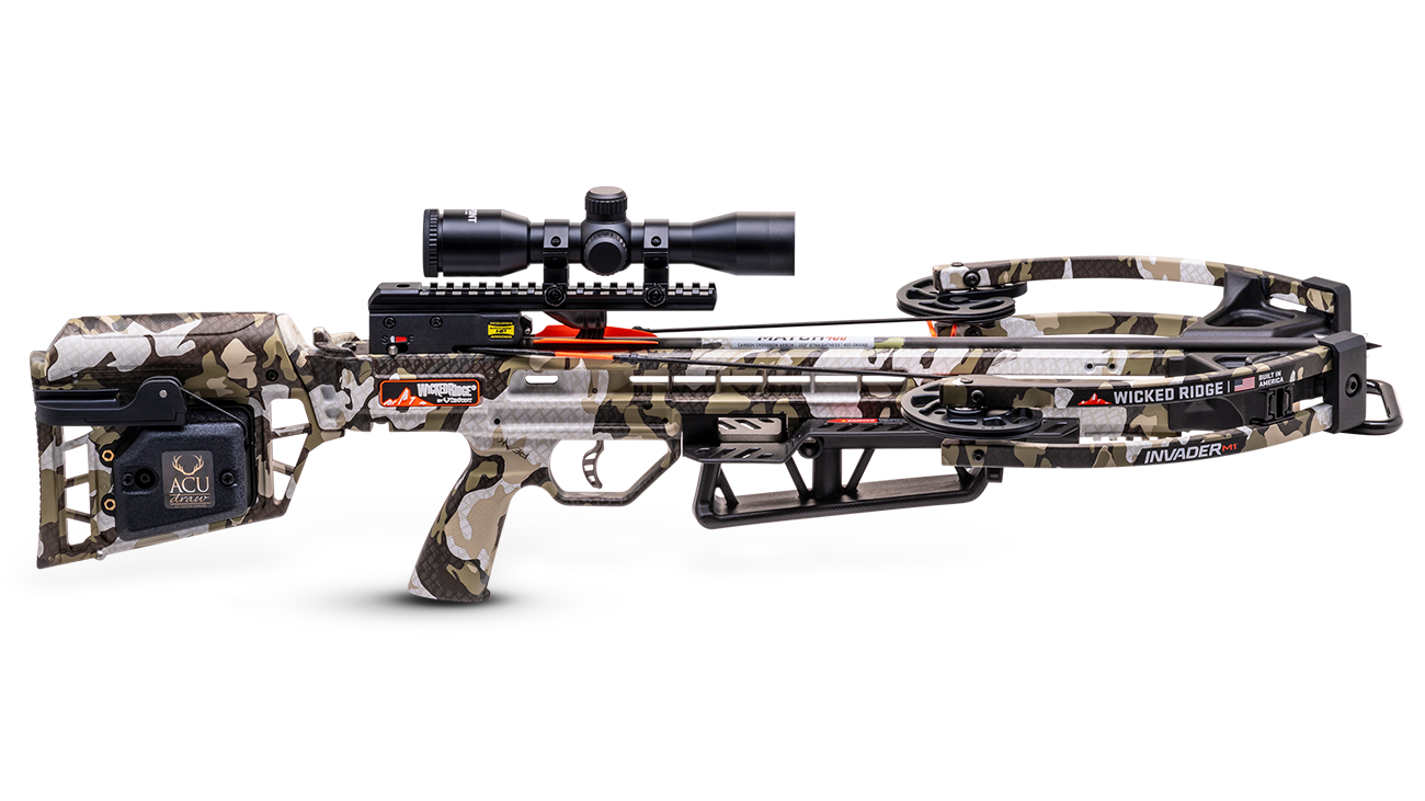Wicked Ridge Invader M1 crossbow with scope and accessories displayed on white background