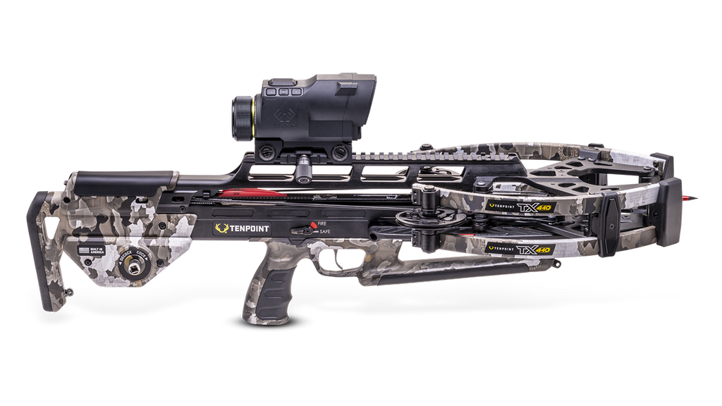 TenPoint TX 440 XERO crossbow with rangefinding scope and forward-draw design, 440 FPS