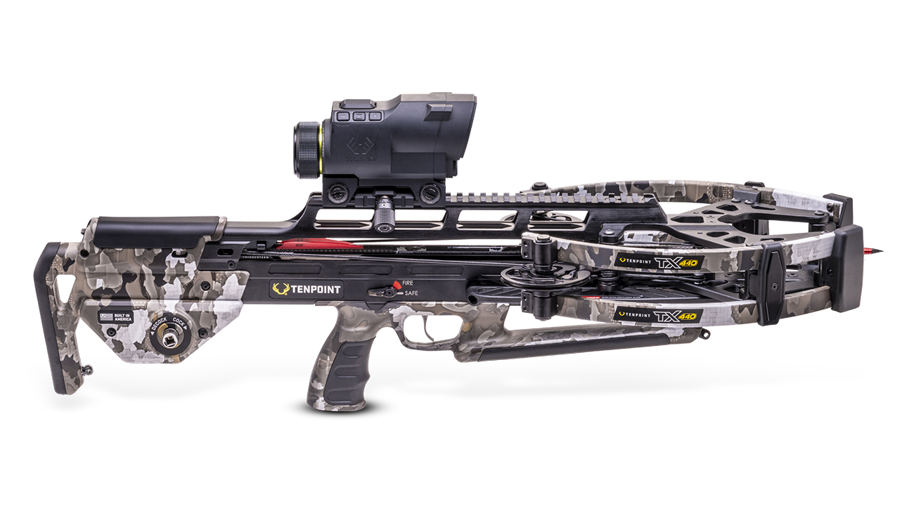 TenPoint TX 440 XERO crossbow with rangefinding scope and forward-draw design, 440 FPS