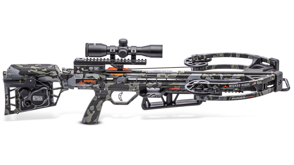 Wicked Ridge Invader M1 de-cock crossbow with scope and accessories displayed on white background
