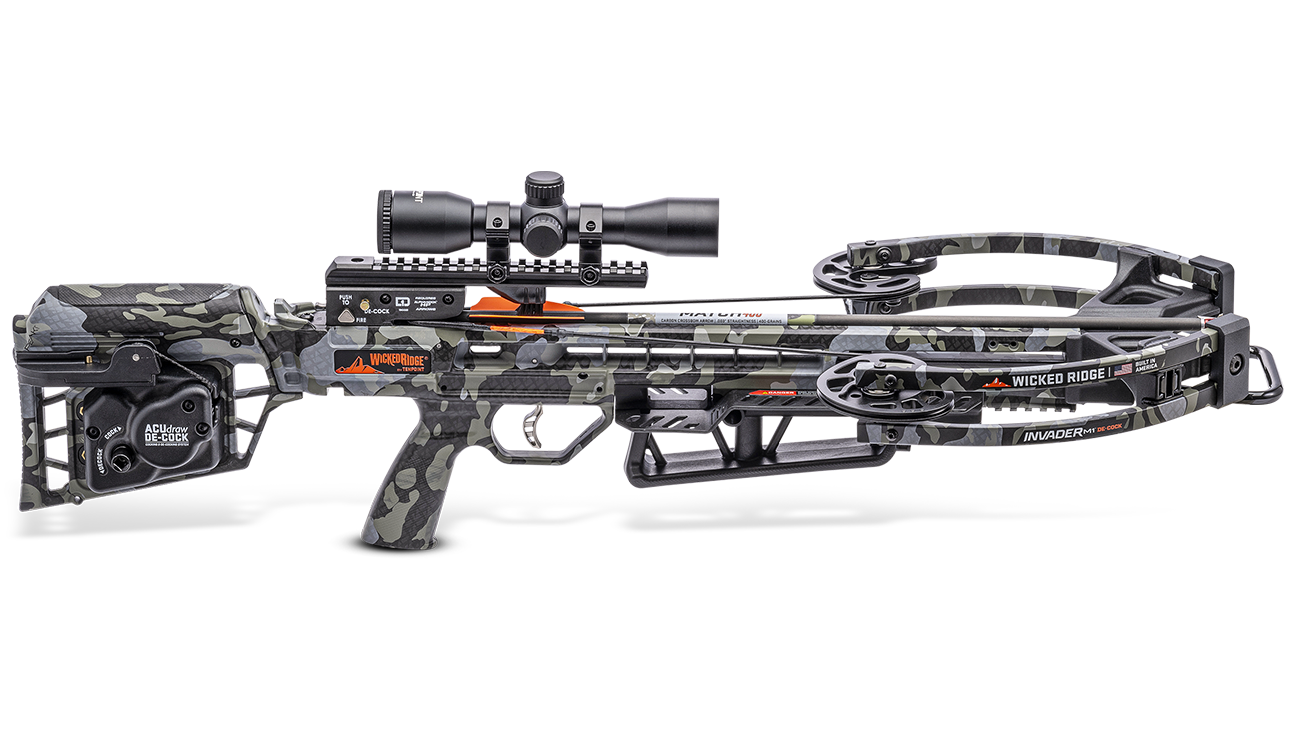 Wicked Ridge Invader M1 de-cock crossbow with scope and accessories displayed on white background
