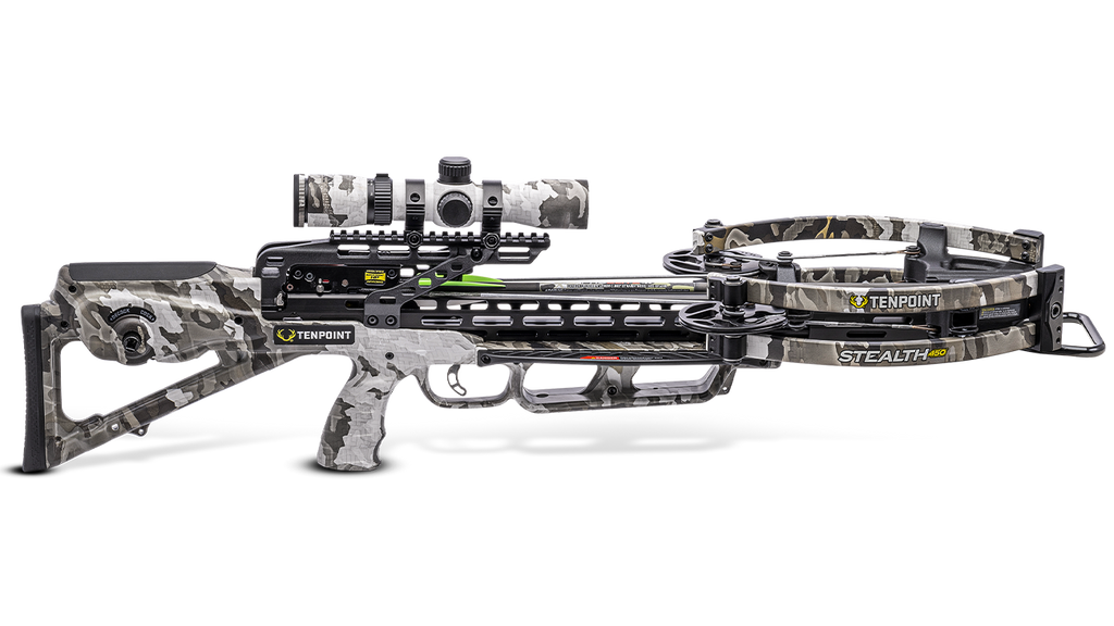 TenPoint Stealth 450R crossbow with scope, forward-draw design, 450 FPS speed, displayed with accessories