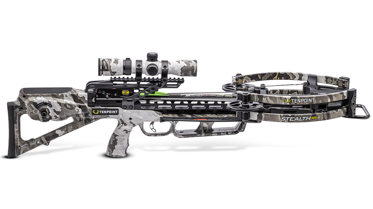TenPoint Stealth 450R crossbow with scope, forward-draw design, 450 FPS speed, displayed with accessories