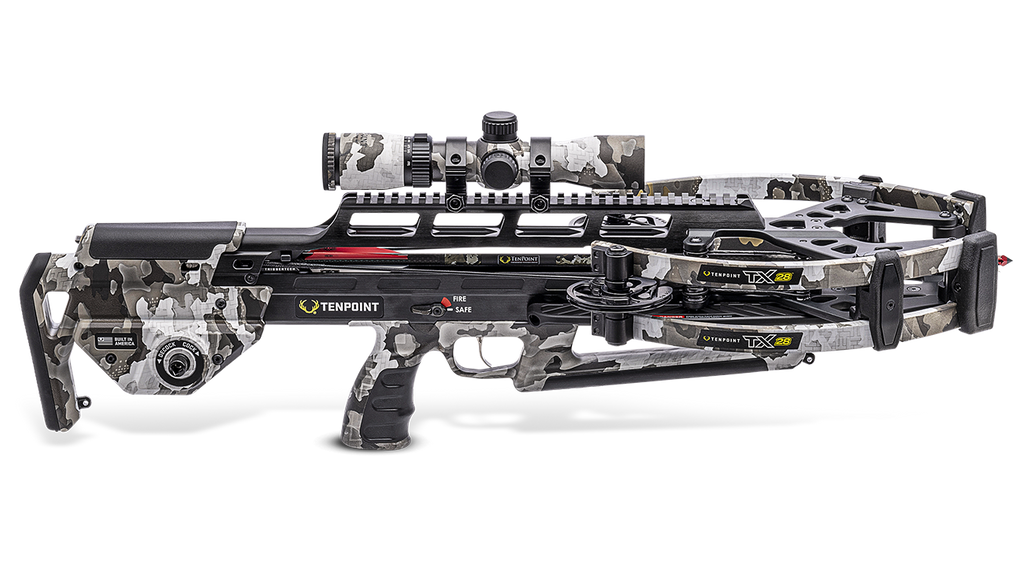 TenPoint TX 28 crossbow with forward-draw design, 410 FPS speed, and professional scope setup