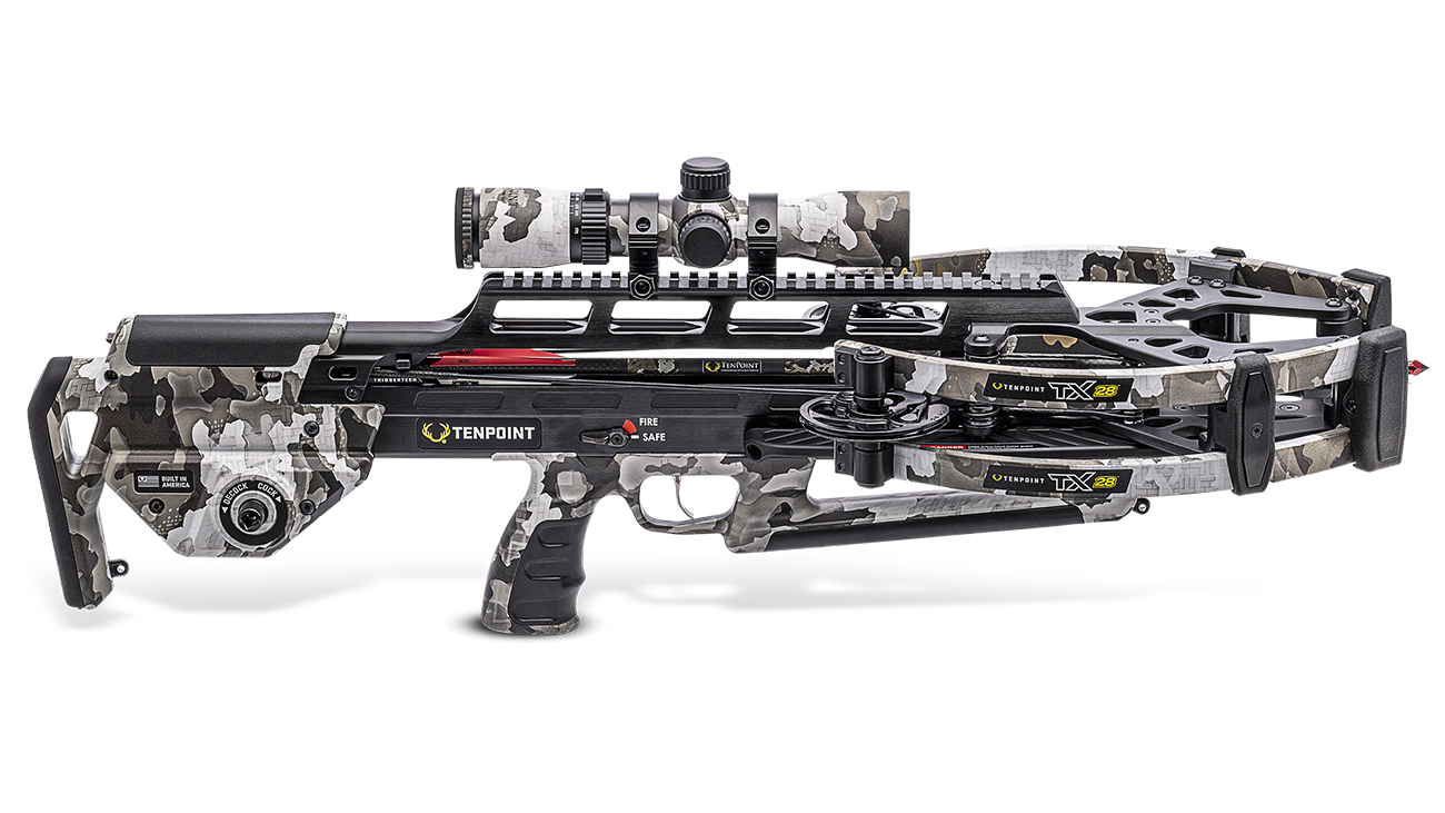 TenPoint TX 28 crossbow with forward-draw design, 410 FPS speed, and professional scope setup