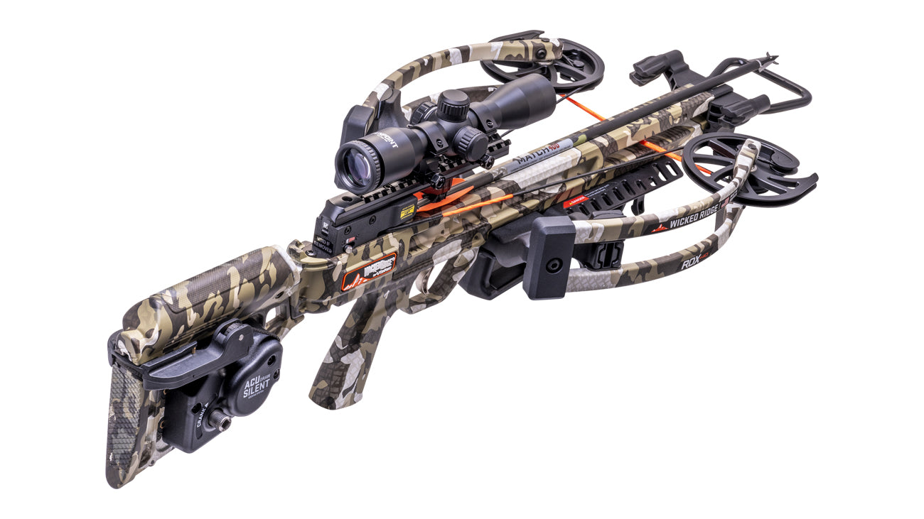 Wicked Ridge RDX 410 reverse-draw crossbow with scope, 410 FPS speed, camo finish