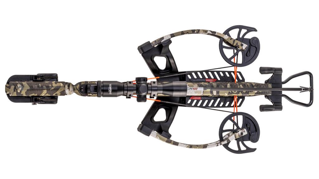 Wicked Ridge RDX 410 reverse-draw crossbow top view showing high-performance hunting platform with dual wheels and advanced reverse-draw technology