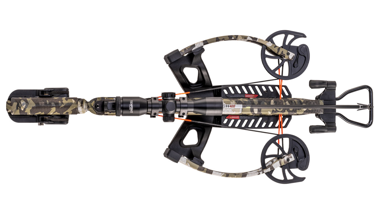 Wicked Ridge RDX 410 reverse-draw crossbow top view showing high-performance hunting platform with dual wheels and advanced reverse-draw technology