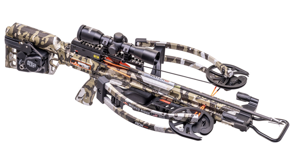 Wicked Ridge RDX 410 reverse-draw crossbow with camo finish, scope and accessories included