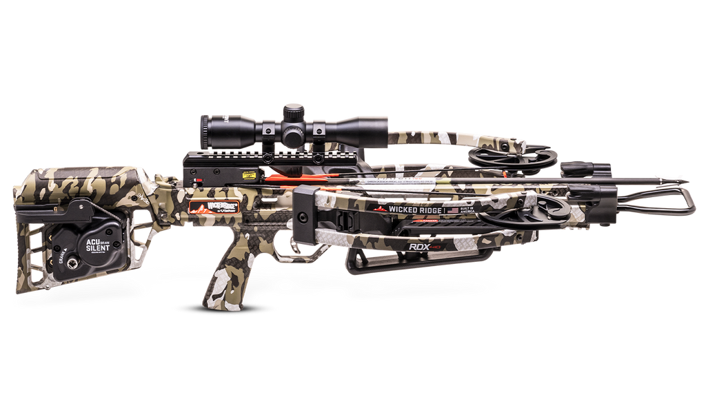 Wicked Ridge RDX 410 reverse-draw crossbow with scope, 410 FPS, camo finish side view