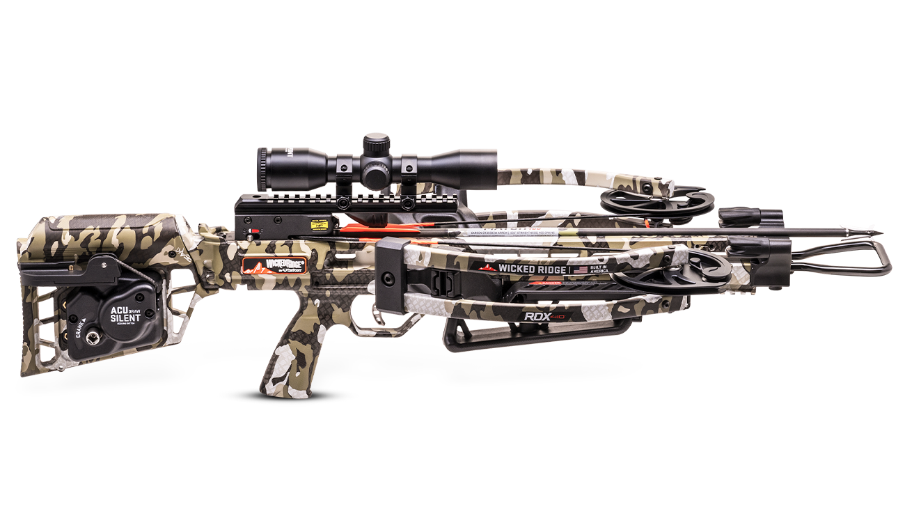 Wicked Ridge RDX 410 reverse-draw crossbow with scope, 410 FPS, camo finish side view