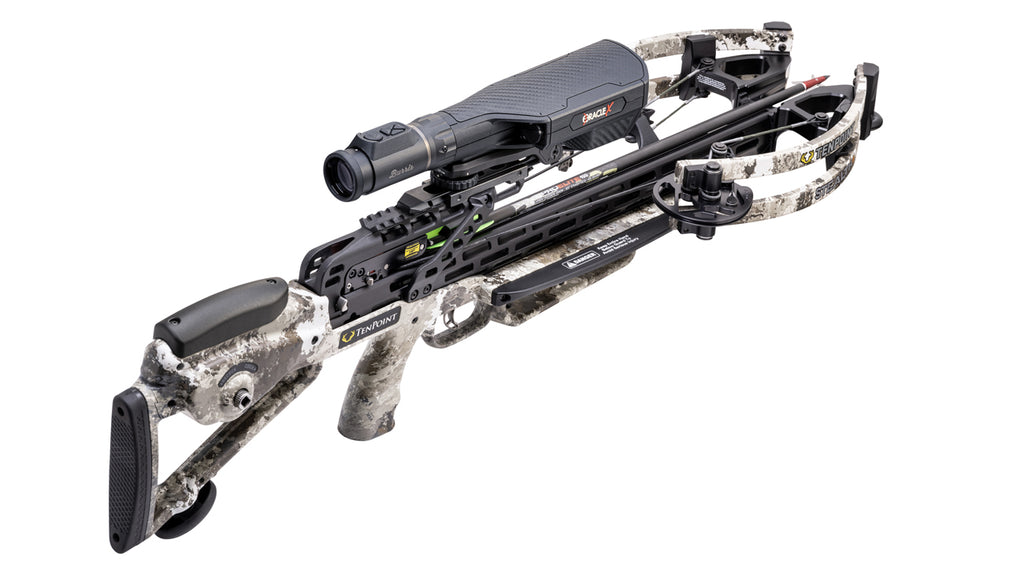 TenPoint Stealth 450 Oracle X crossbow with rangefinder scope and camo finish displayed on white background