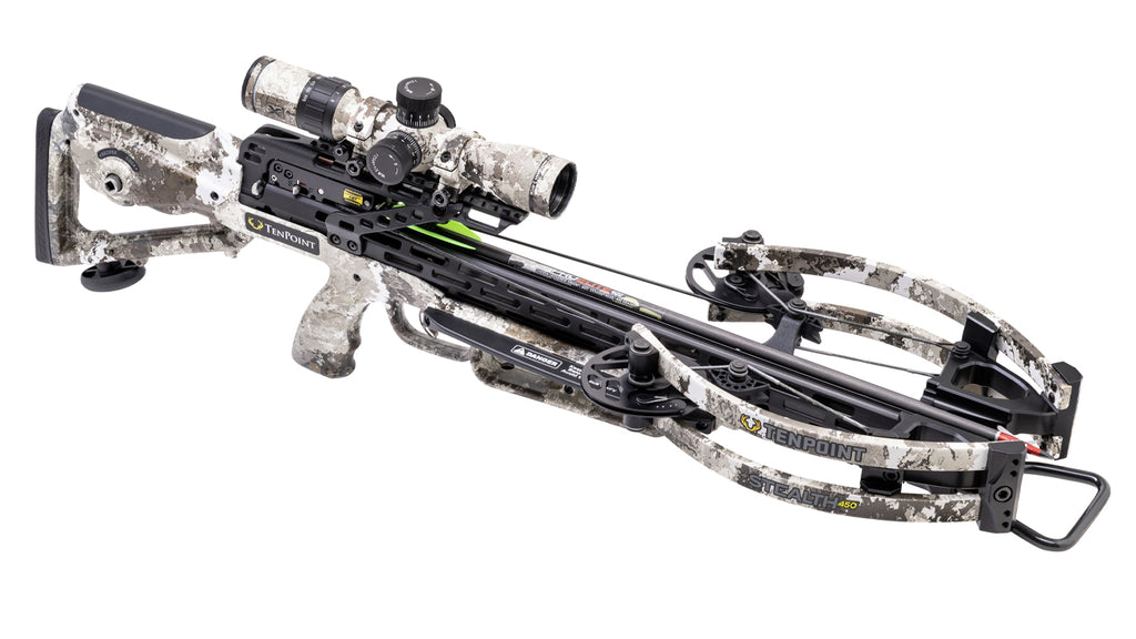 TenPoint Stealth 450 crossbow with forward-draw design, 450 FPS speed, scope and camo finish