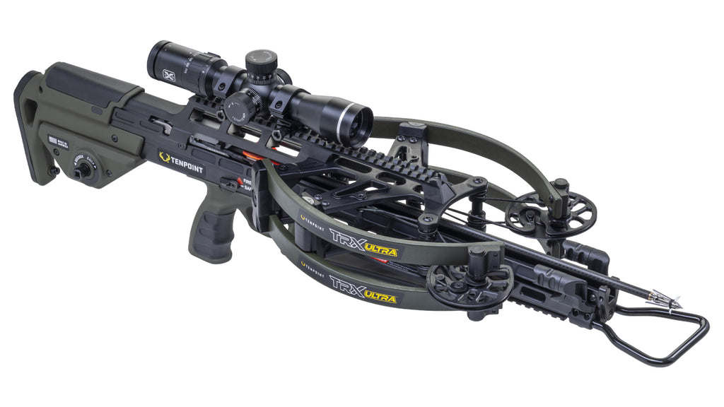 TenPoint TRX Ultra crossbow with scope and bolts on white background