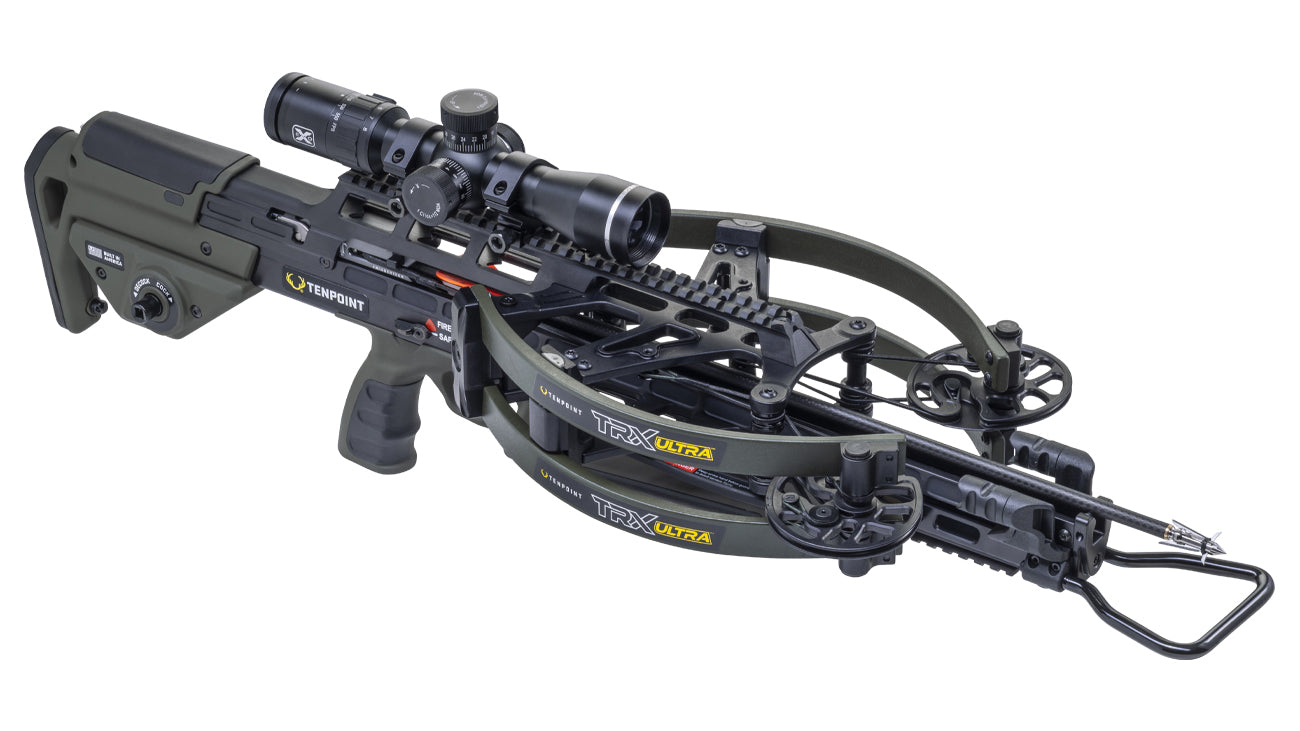 TenPoint TRX Ultra crossbow with scope and bolts on white background