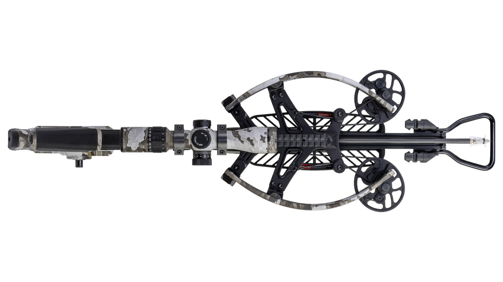 TenPoint TRX Ultra crossbow top view showing reverse-draw design and precision engineering