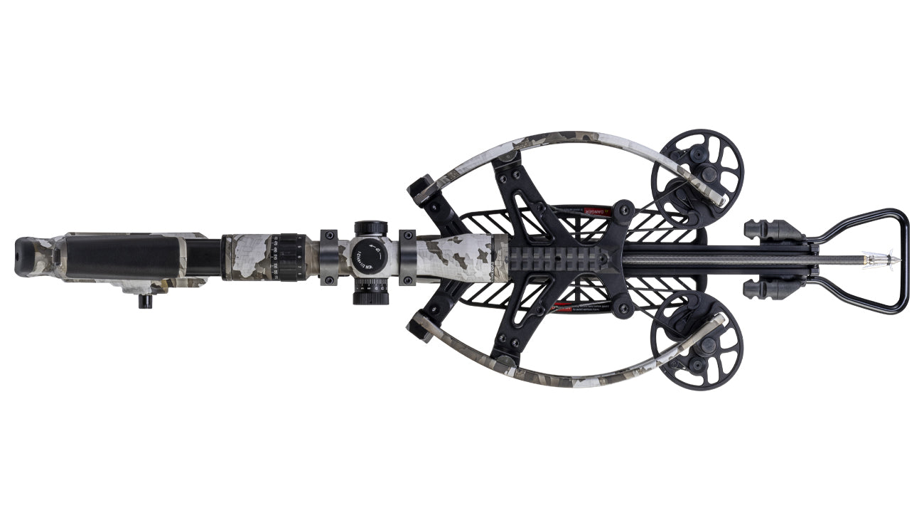 TenPoint TRX Ultra crossbow top view showing reverse-draw design and precision engineering