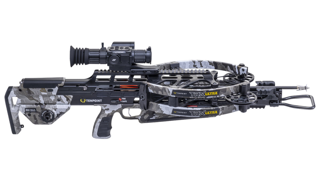 TenPoint TRX Ultra Vision crossbow with reverse-draw design and scope mounted on tactical stock